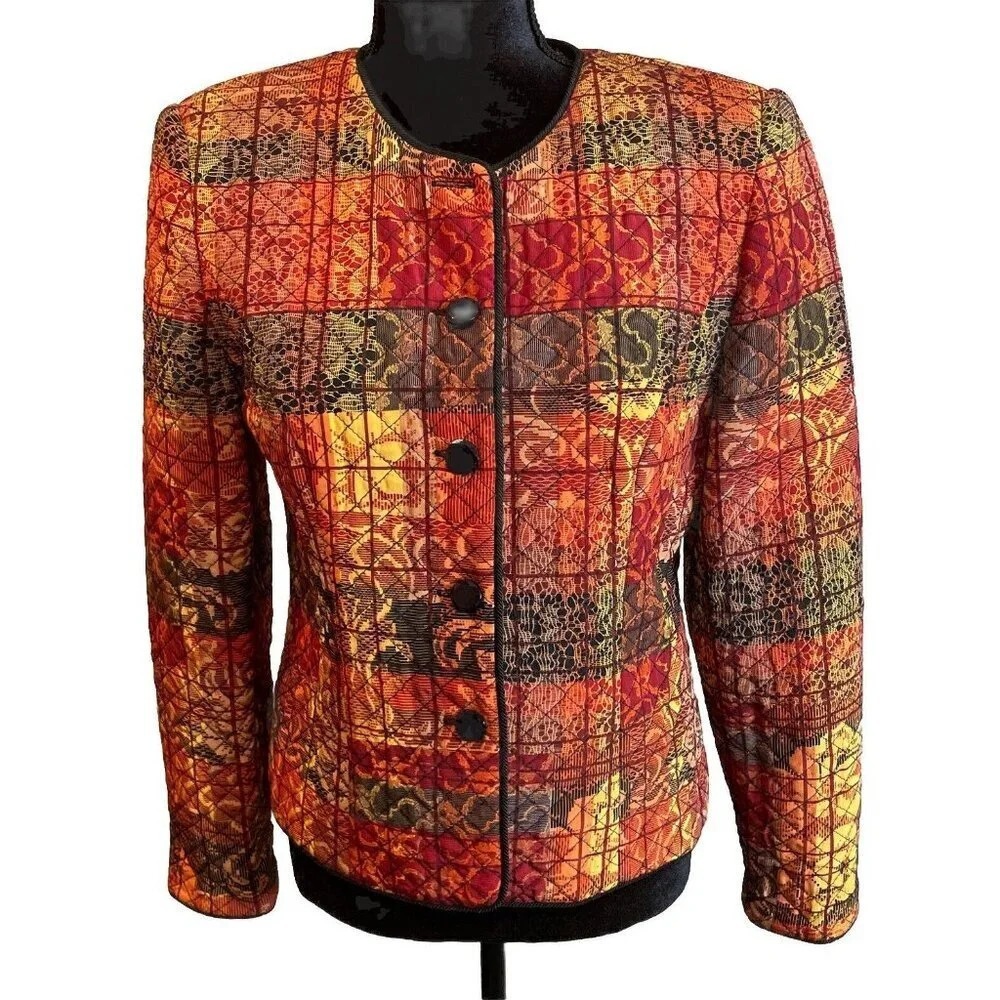 Maggy London Womens 4 Quilted Silk Blazer Jacket Orange Red Patchwork Print‎